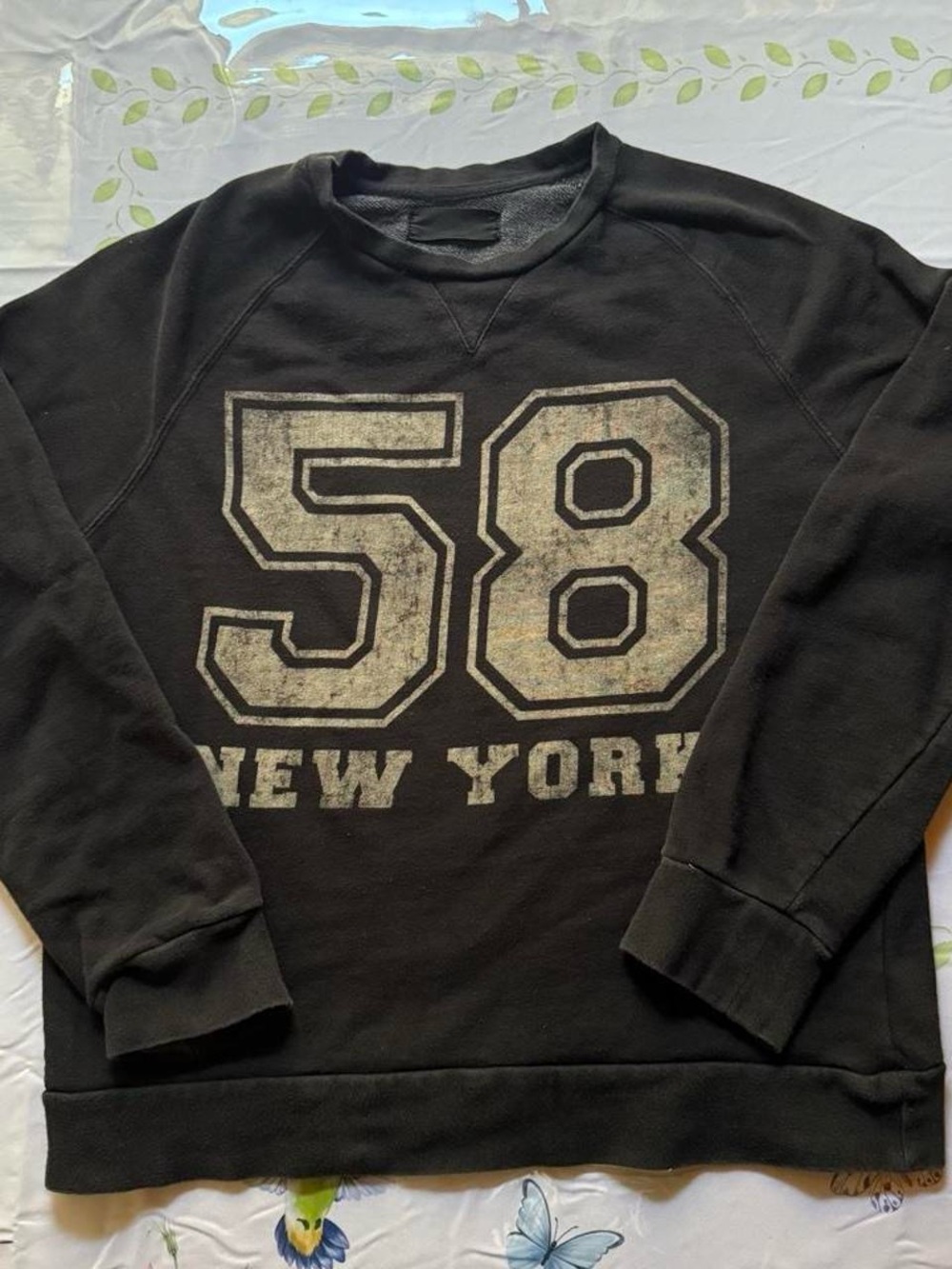 NY Collection Black Crewneck Sweatshirt with Distressed 58 Graphic